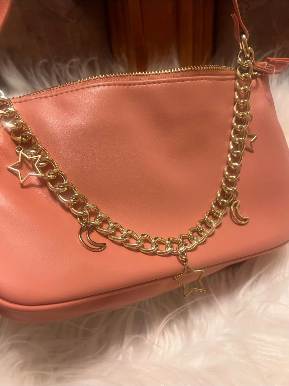 wild fable Coral Shoulder Bag with Gold Star & Moon Charm Chain